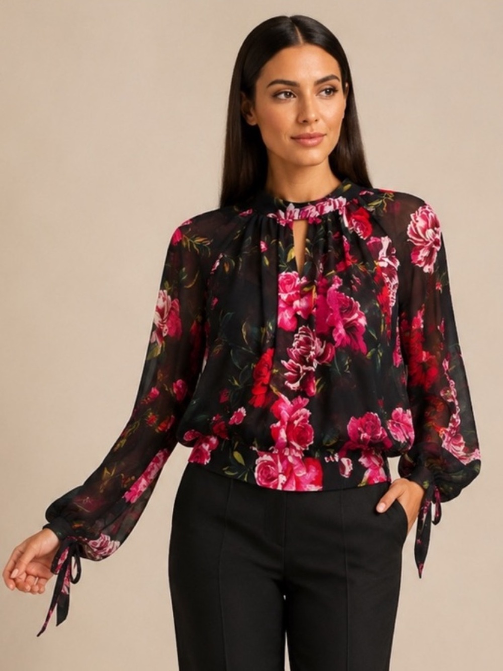 7th Avenue Romantic Floral Sheer Mock Neck Blouse | Red Roses | Banded Waist